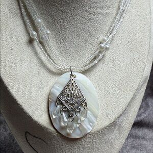 Mother-of-Pearl Pendant Necklace with Silver Filigree and Beaded Strands - White